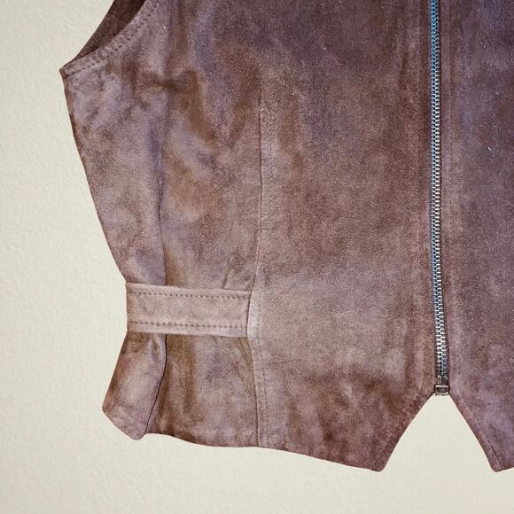 Brown suede leather sleeveless belted vest Talbots biker boho chic indie autumn - Picture 4 of 6